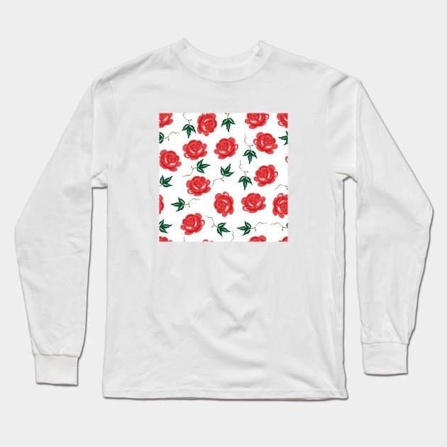 Red Rose Floral Pattern Long Sleeve T-Shirt by FloralPatterns